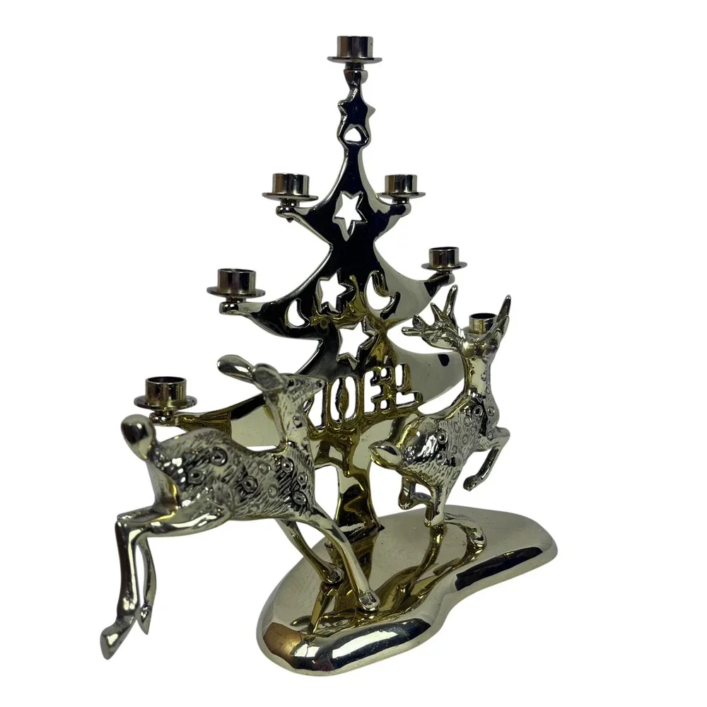 Vintage‎ Brass Christmas Tree Candelabra Reindeer Noel Candle Holder